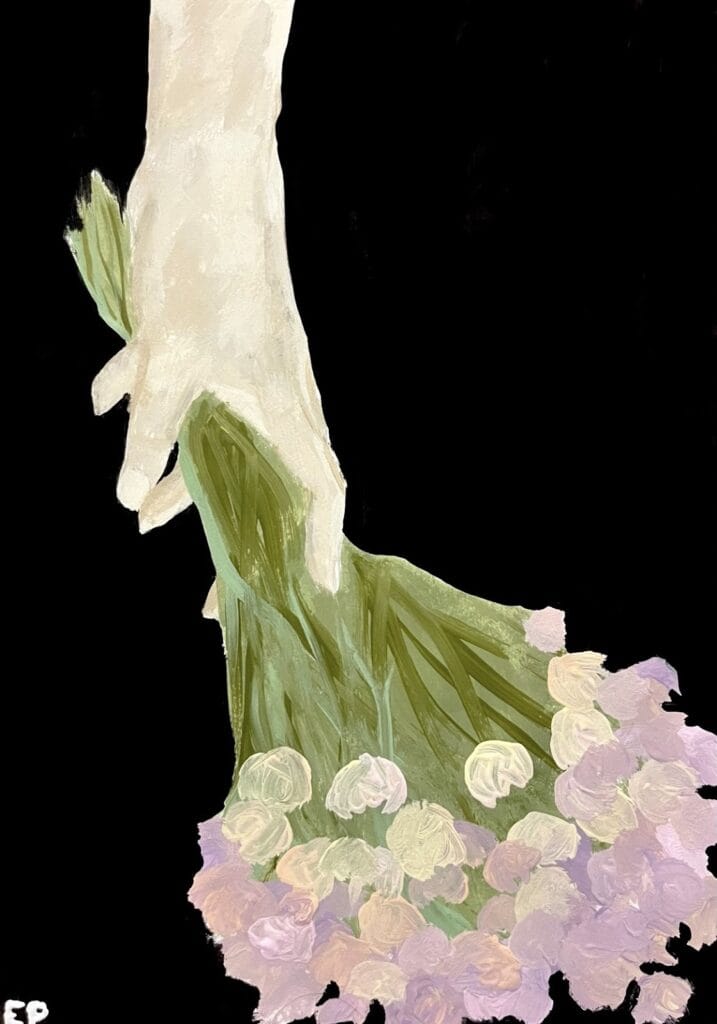 Eliana Pons' DLP reflect and respond submission: In my favorite painting by David Labkovski (yellow flowers and red apples), his work captures the hope and prosperity that came after World War II, which influenced me to create a “before” scene, one where people were still holding onto hope during dark times. The hand holding the flowers is pale and weak with a loose grip on the flowers, which represent hope. Although the background is dark and the flowers are almost falling, the person is still holding onto them.