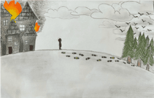 Building burning with a solitary figure standing with footprints behind them coming from a forest.