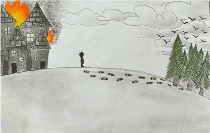 Building burning with a solitary figure standing with footprints behind them coming from a forest.